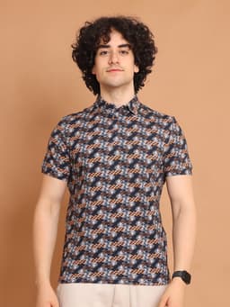 DIGITAL PRINTED PREMIUM STRETCHABLE POLO NECK HALF SLEEVE TSHIRT - BLUEBROWN