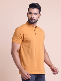 BASIC STRETCHABLE MANDARIN COLLAR HALF SLEEVE T-SHIRT