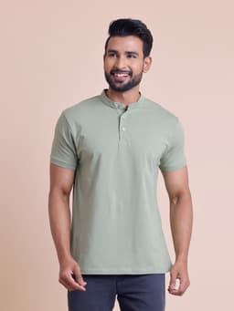 BASIC STRETCHABLE MANDARIN COLLAR HALF SLEEVE T-SHIRT
